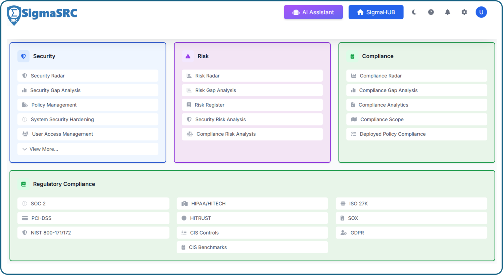 SigmaSRC HUB Regulatory Compliance Menus