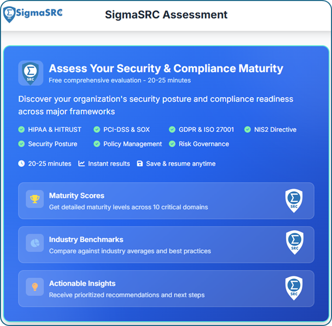 SigmaSRC self-assessment tool dashboard with compliance readiness evaluation